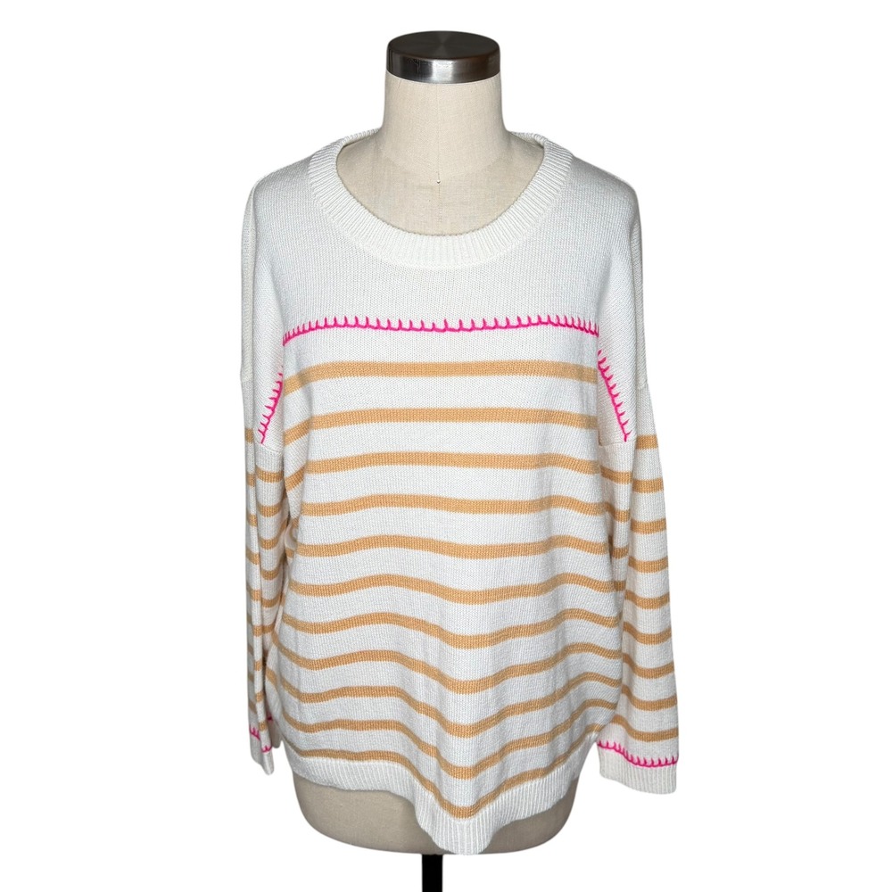 LILLY PULITZER Kyren Sweater White Tan Striped Pink Stitching Women's Size XL